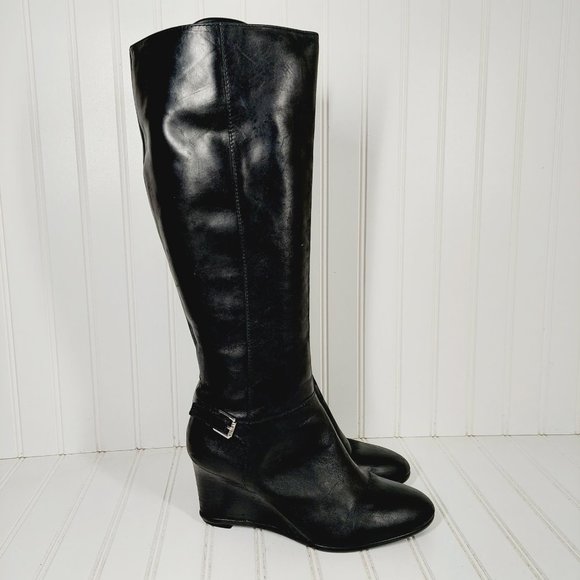 Ralph Lauren Tia Black Leather Side Zip Buckle Detail Wedge Heeled Boots I31 - Picture 5 of 14